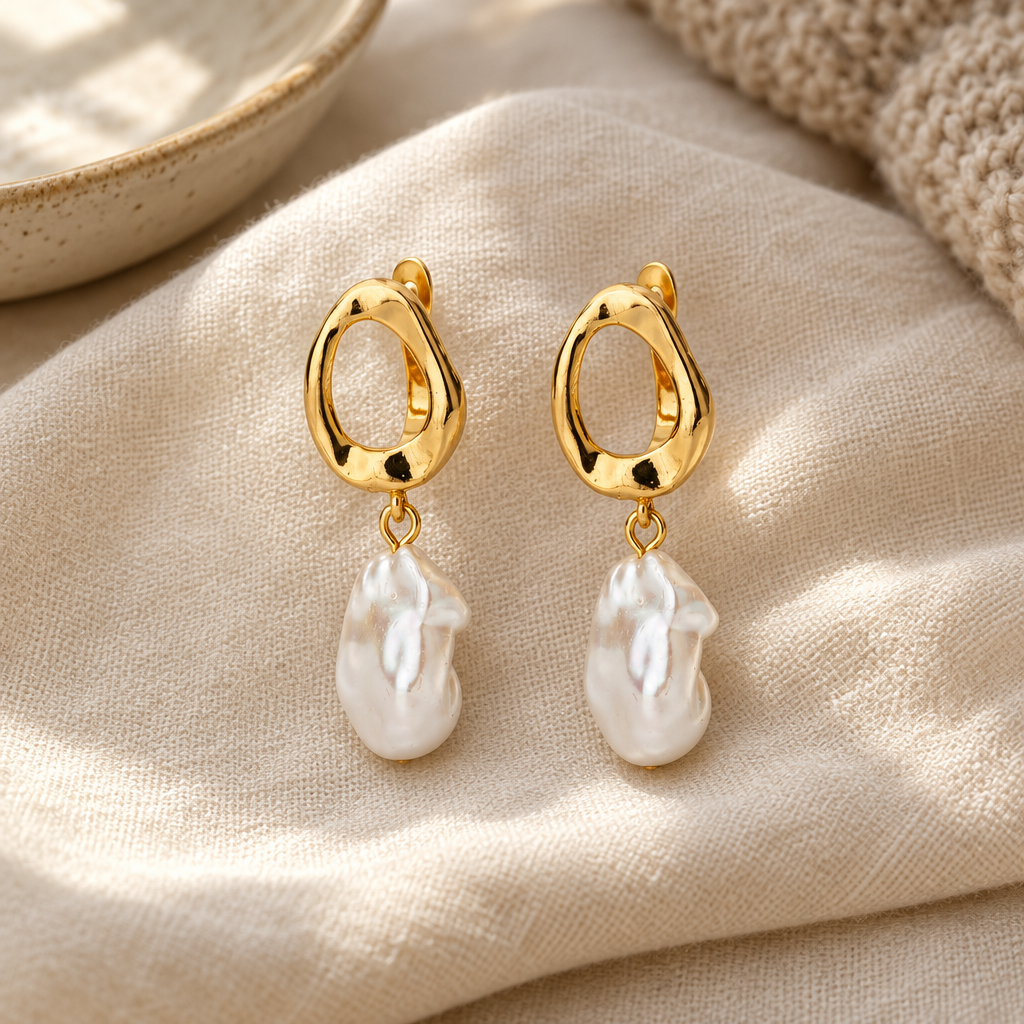 Lifestyle image of pearl and gold earrings styled on cream linen