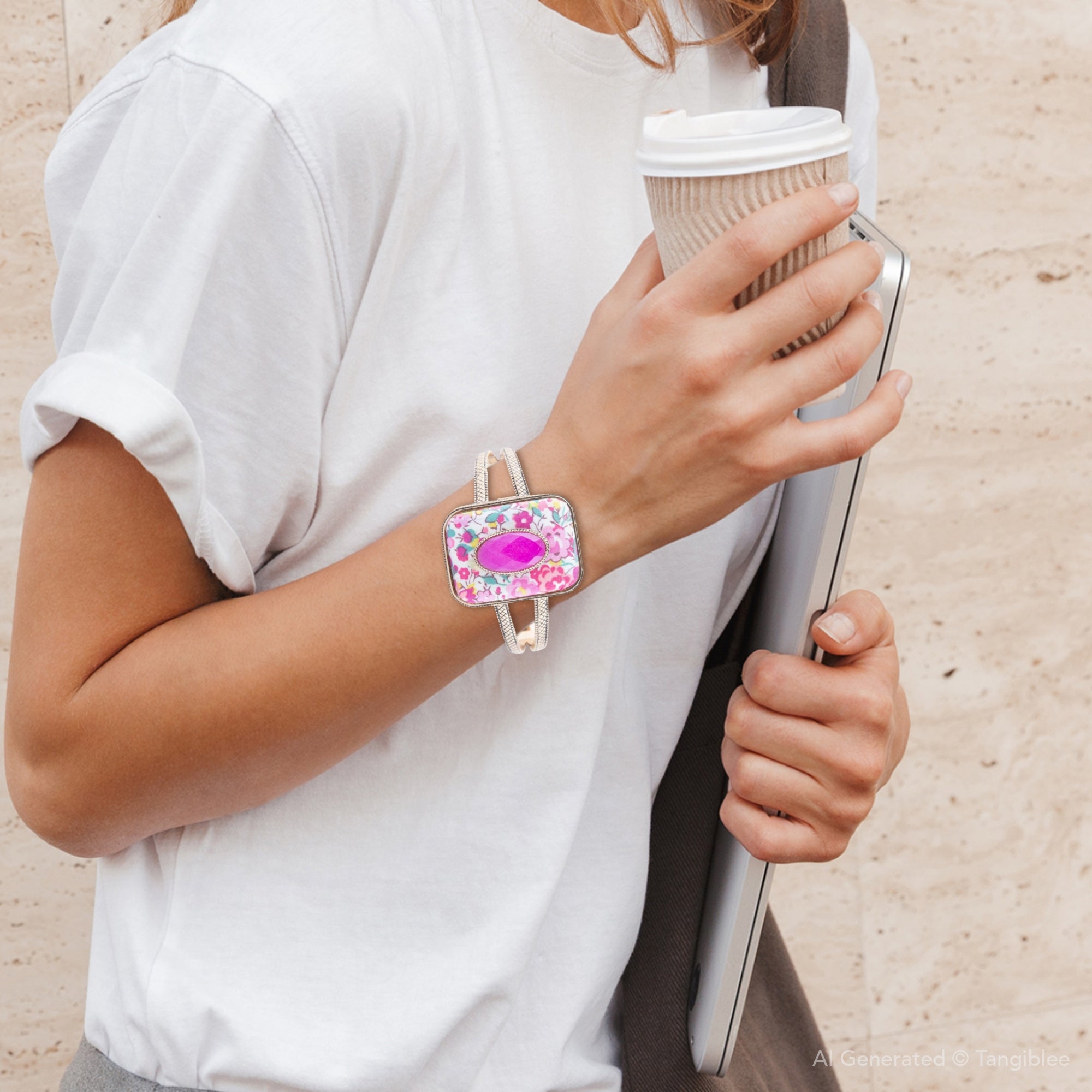 Pink Agate Floral Cuff Bracelet