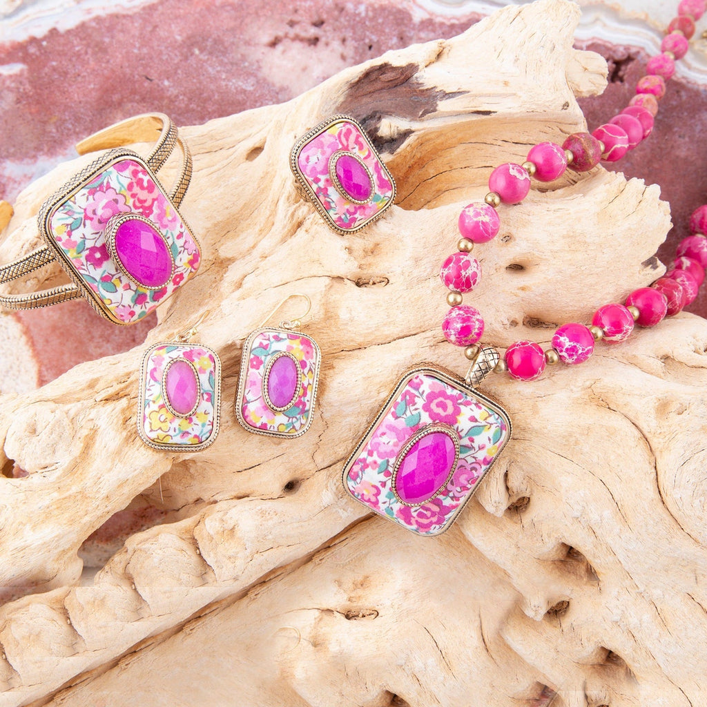 Pink Agate Floral Pendant Necklace | Genuine Stone & Golden Bronze