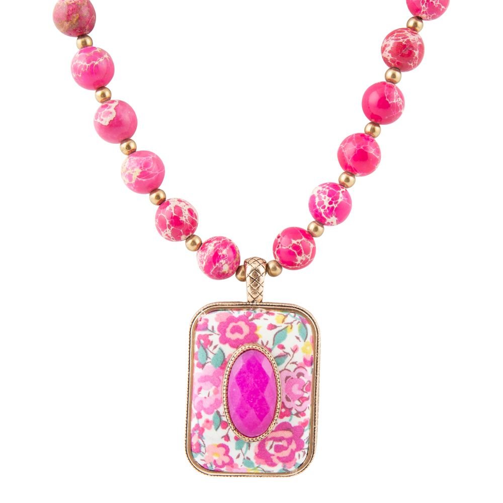 Pink Agate Floral Pendant Necklace | Genuine Stone & Golden Bronze