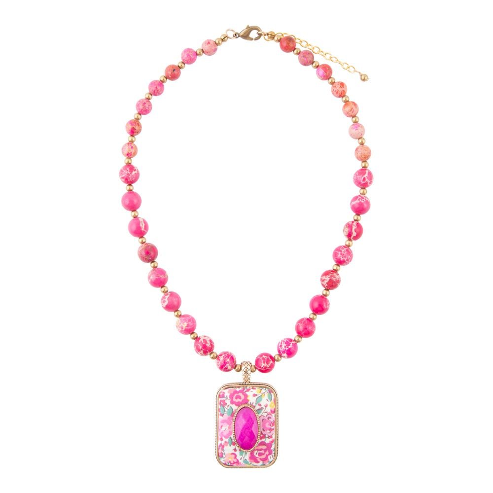 Pink Agate Floral Pendant Necklace | Genuine Stone & Golden Bronze