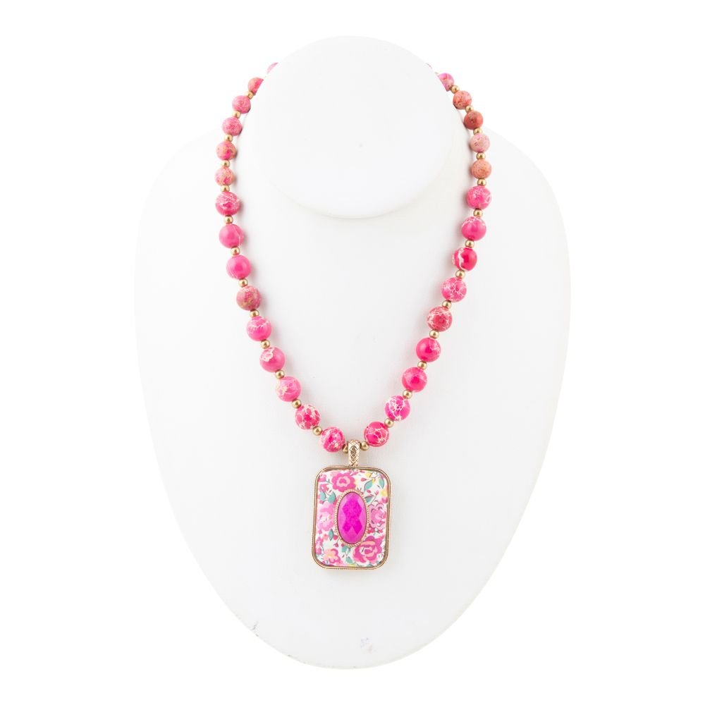 Pink Agate Floral Pendant Necklace | Genuine Stone & Golden Bronze