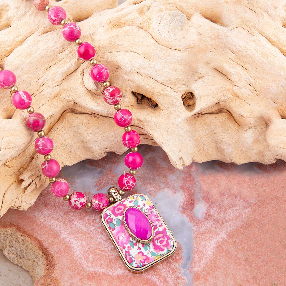 Pink Agate Floral Pendant Necklace | Genuine Stone & Golden Bronze