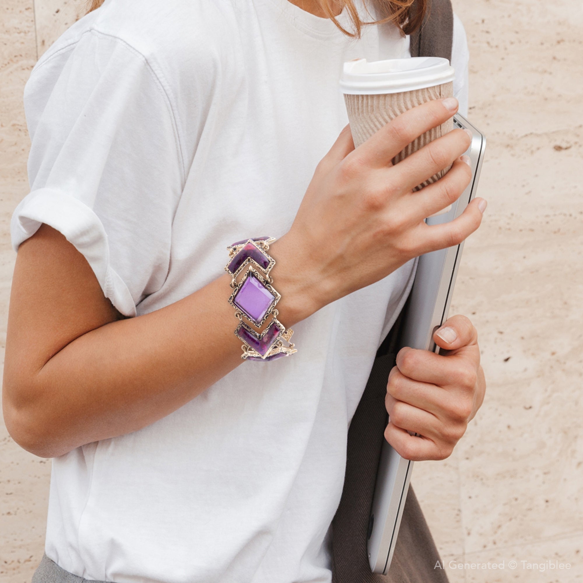 Purple Turquoise & Quartz Golden Link Bracelet