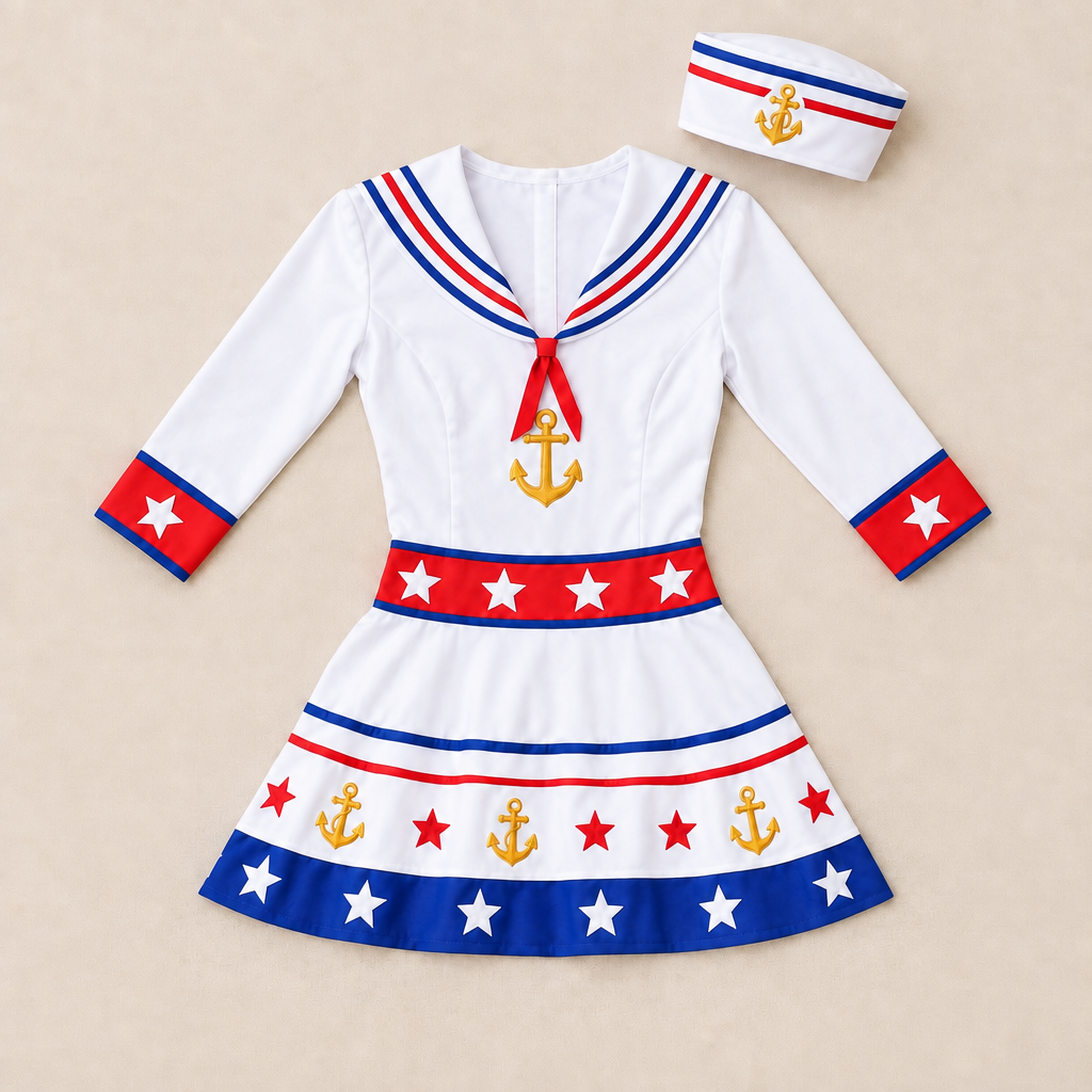 Sailor costume flat lay with corrected front collar stripes