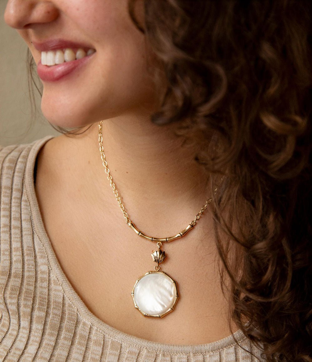 Mother of Pearl & Gold Bamboo Statement Pendant Necklace